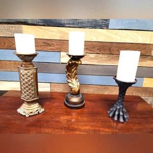 Set of 3 Decorative Pillar Resin / Candle Holders Contemporary, with Candles
